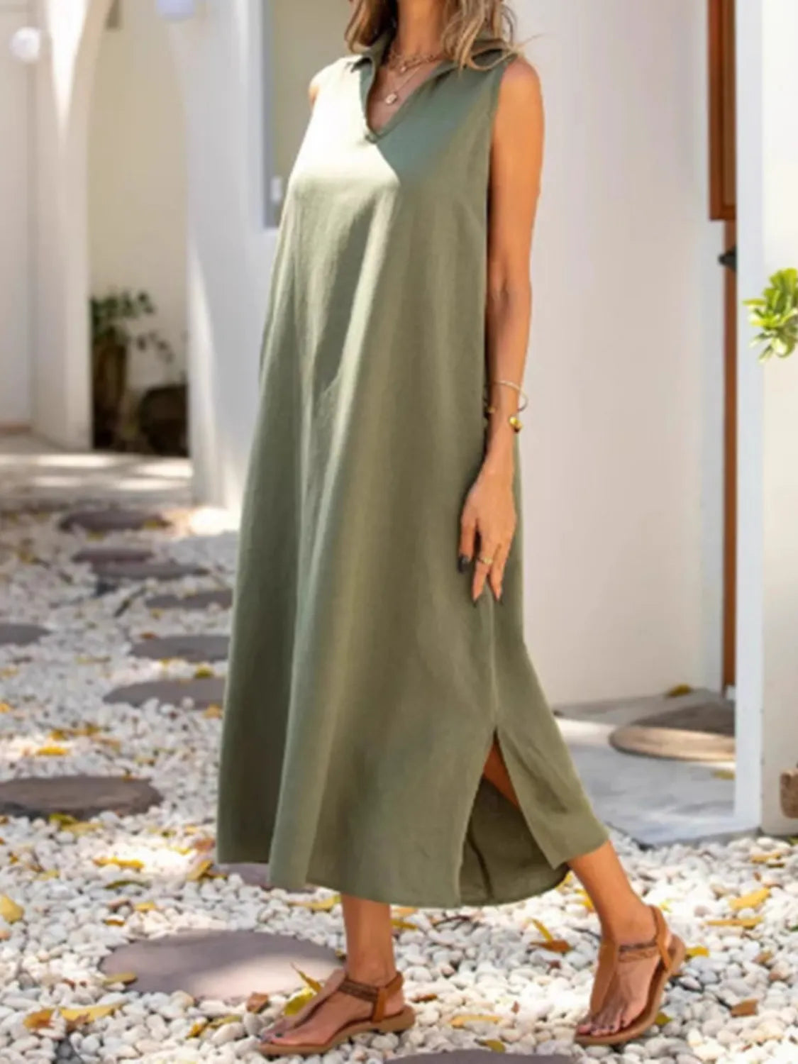Full Size Side Slit Sleeveless Midi Dress Plus Size Sage