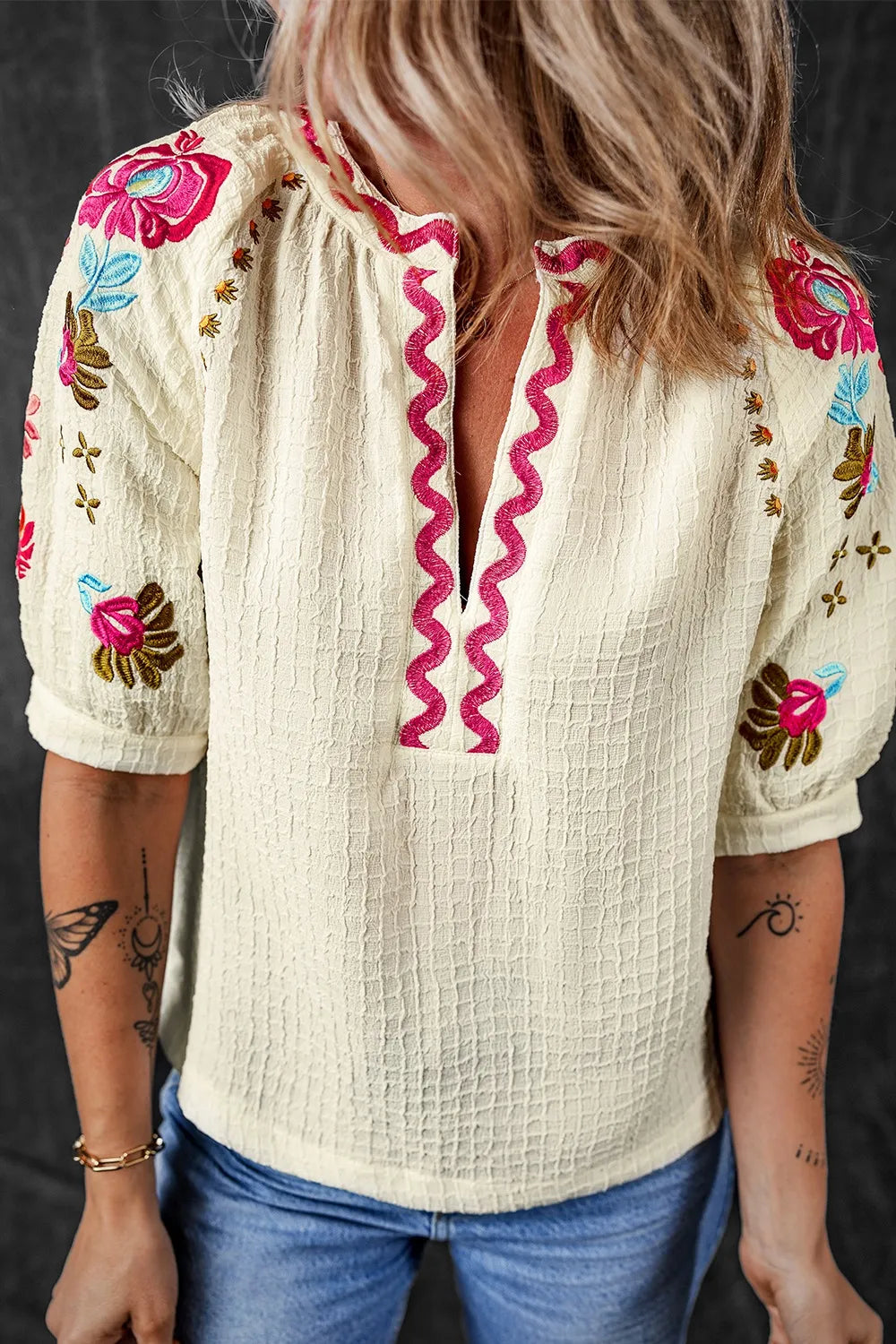 Floral Embroidered Notched Puff Sleeve Blouse Beige
