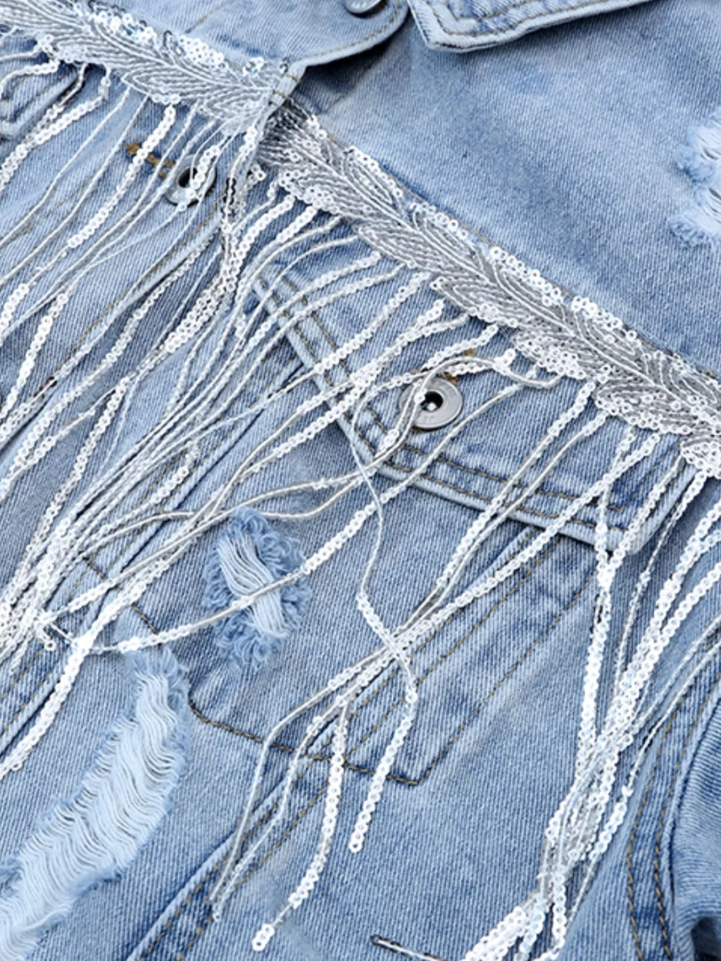 women's fringed sequin embellished denim jacket - product detail