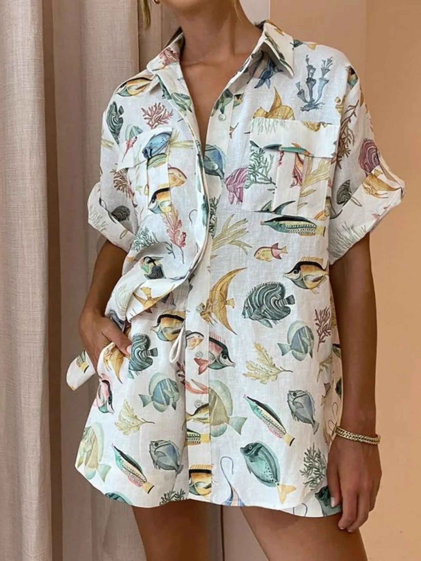 Tropical Print Oversized Button-Up Shirt and Shorts Set