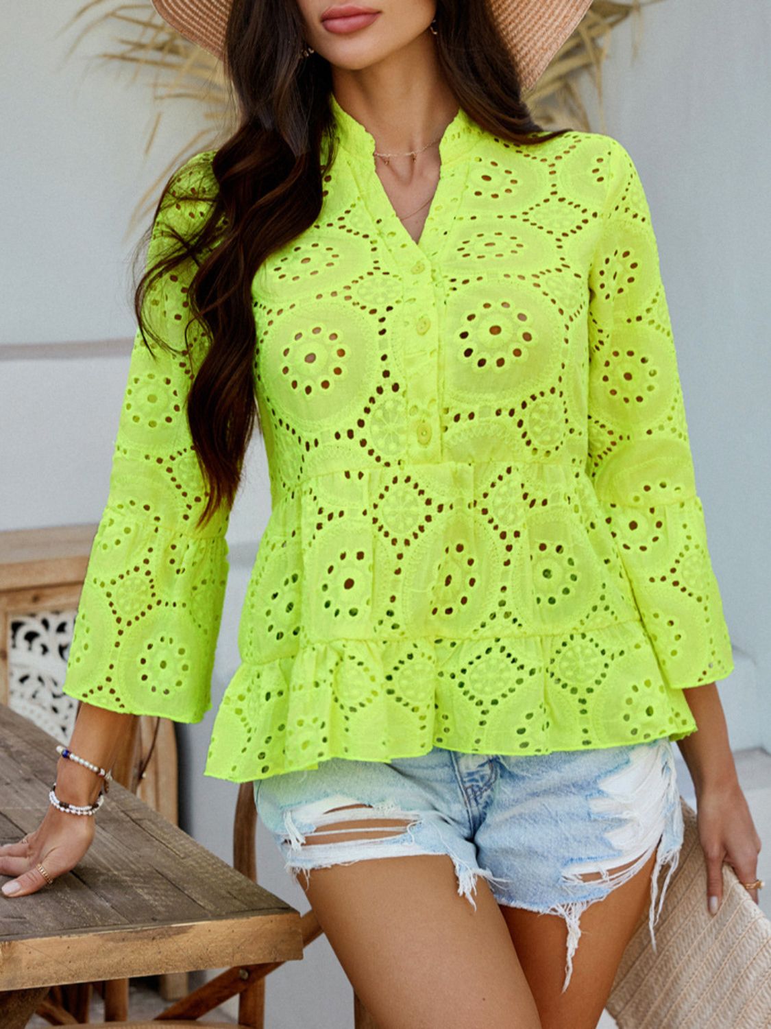 Devine Half Button Flounce Sleeve Peplum Blouse Neon Yellow