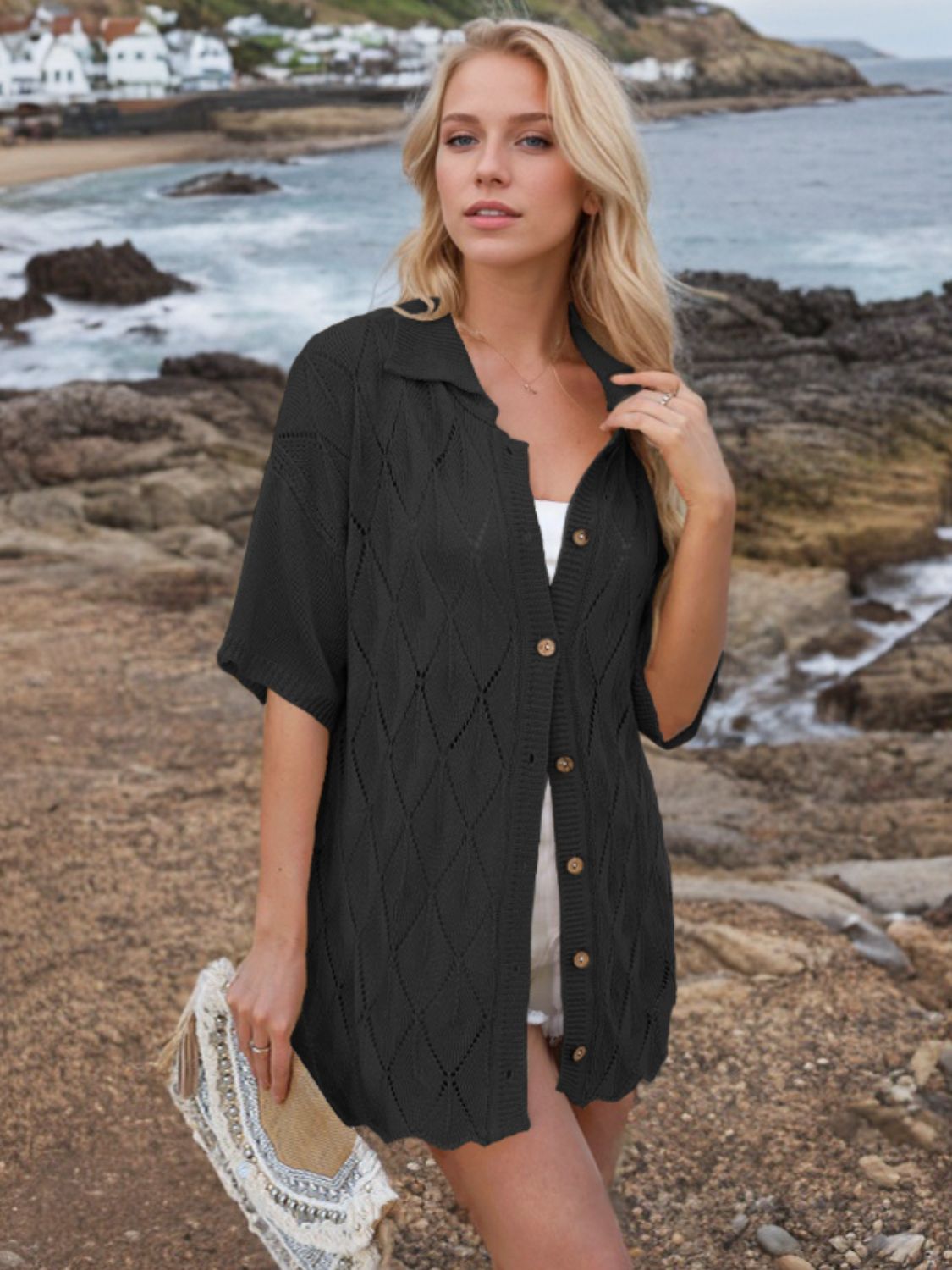 Button Down Eyelet Collared Neck Knit Shirt – Donjane