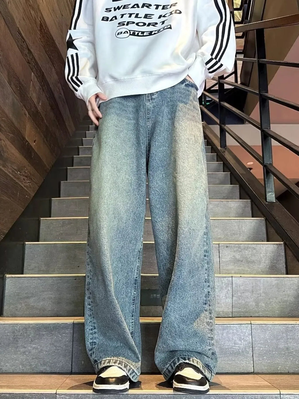 men's men's full size vintage wash wide leg jeans plus size - styled view