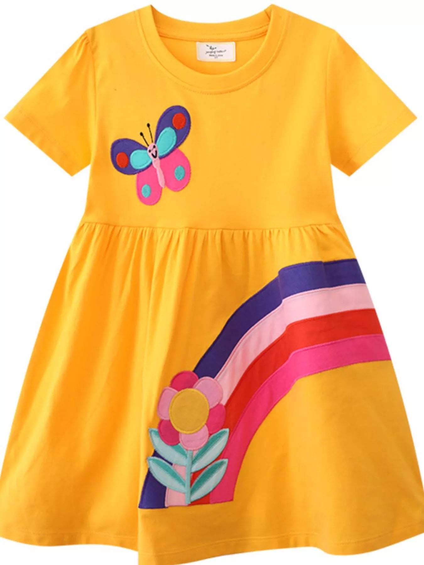 women's children's butterfly & rainbow round neck casual dress - front view