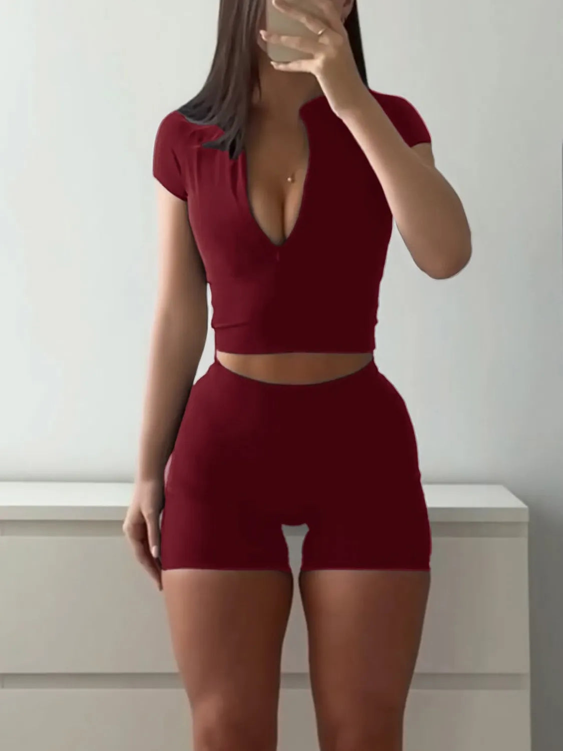 Short Sleeve Crop Top and Shorts Set Burgundy