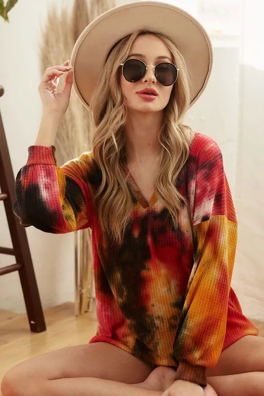 women's bibi tie dye brushed waffle top with bubble sleeves - extra view