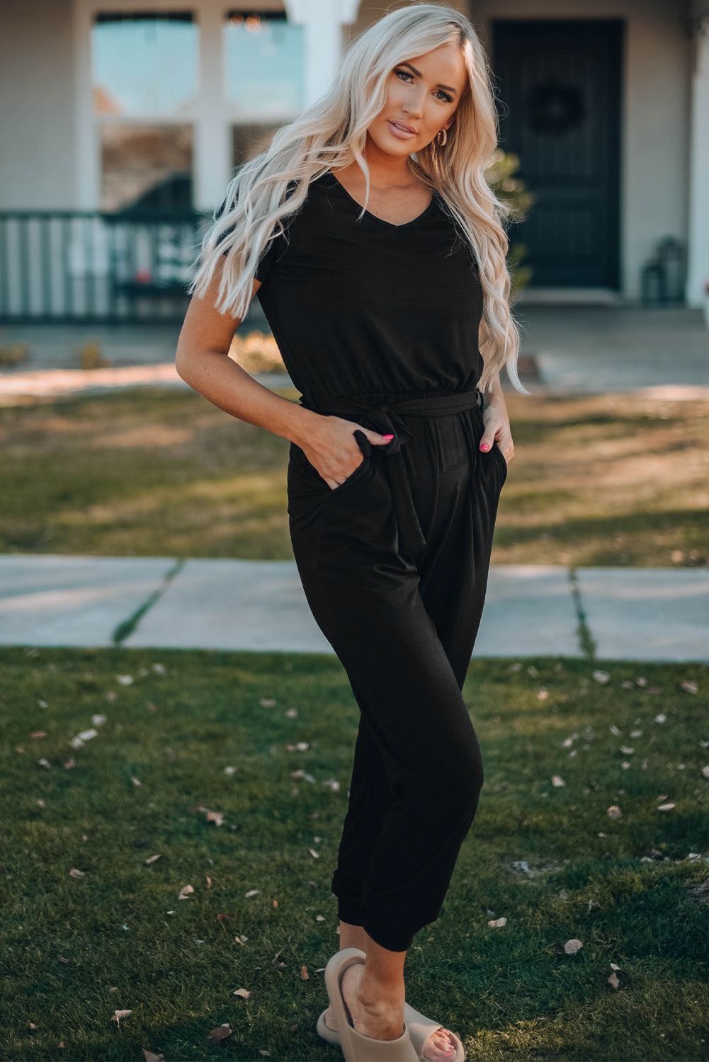 belted v neck jogger jumpsuit — stylish clothing for kids