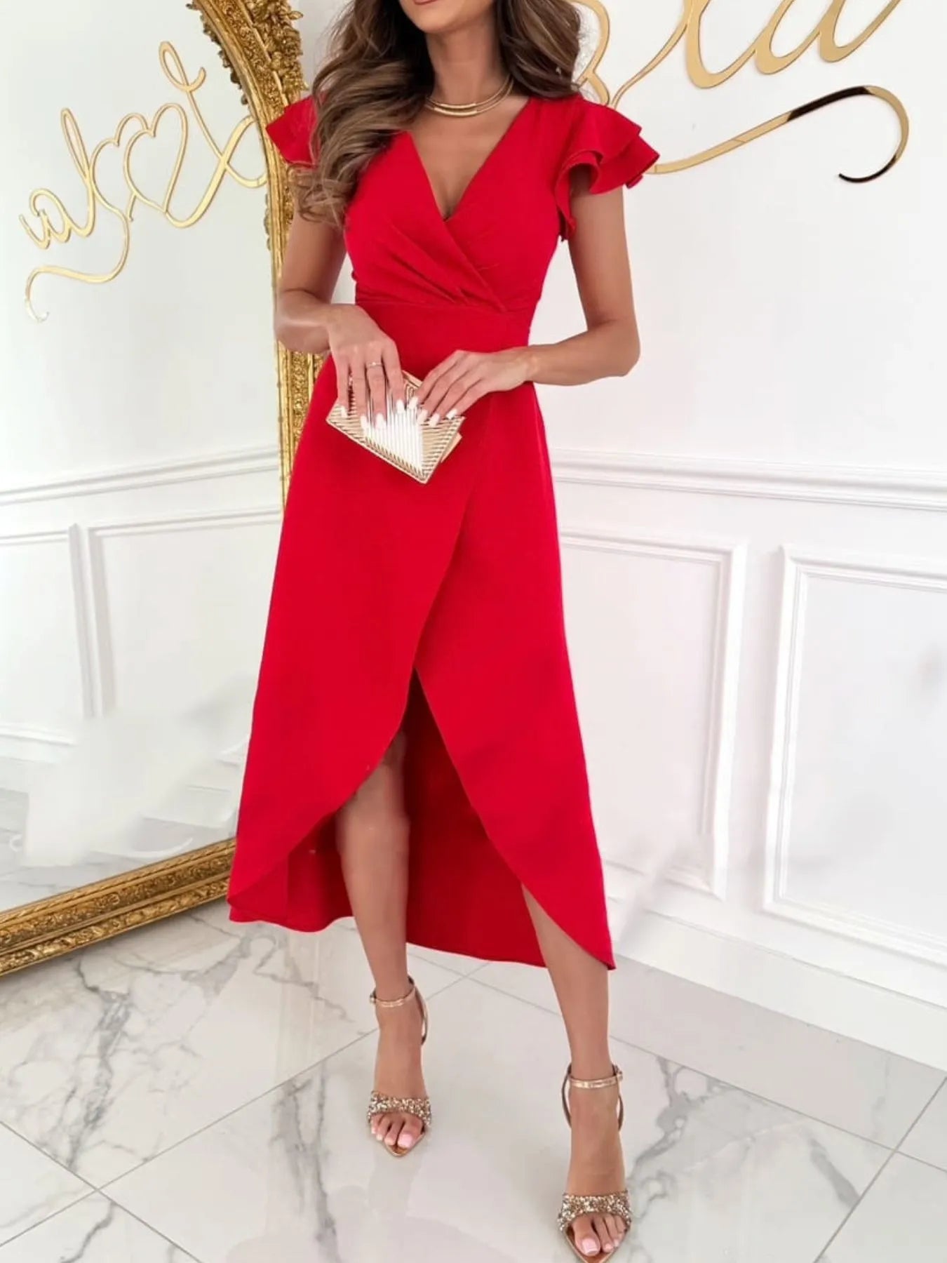 Surplice Ruffled Cap Sleeve Dress Red