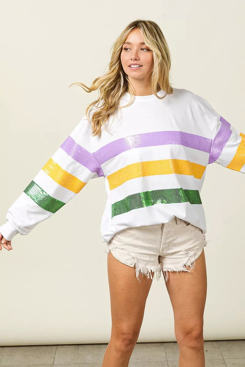 women's bibi sequin mardi gras striped round neck sweatshirt - additional image