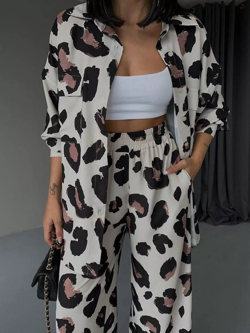 women's leopard print relaxed fit shirt and pants two-piece set - styling option