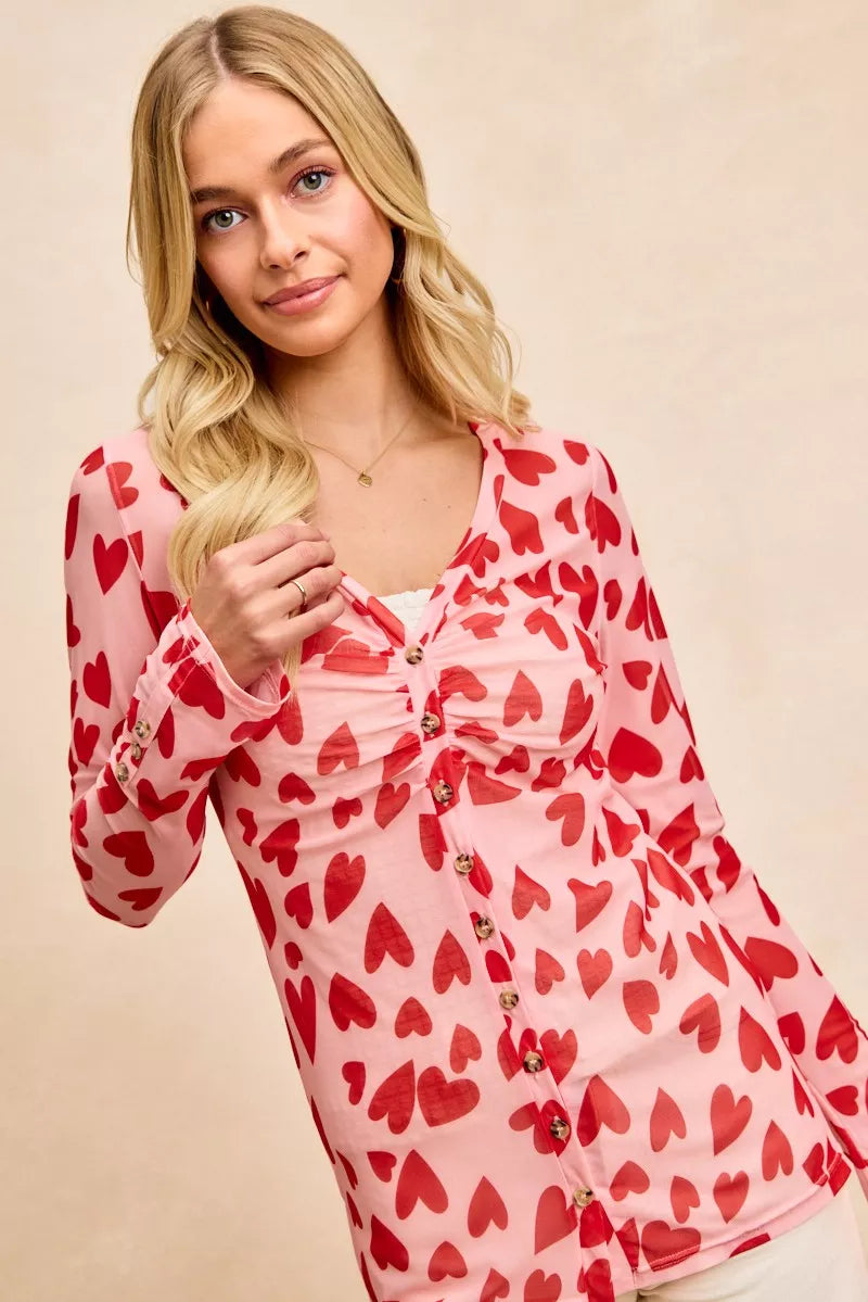 women's bibi button down heart printed mesh shirt with ruched front - extra view