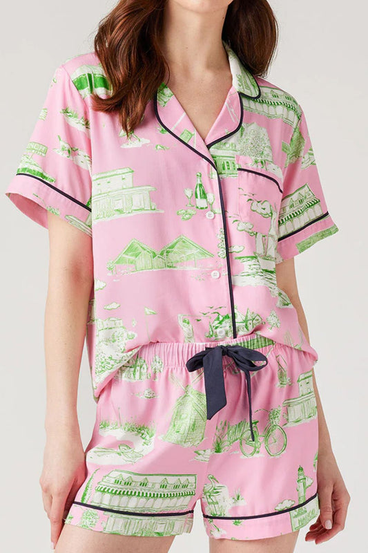 Collared Neck Printed Top and Drawstring Shorts Lounge Set Blush Pink