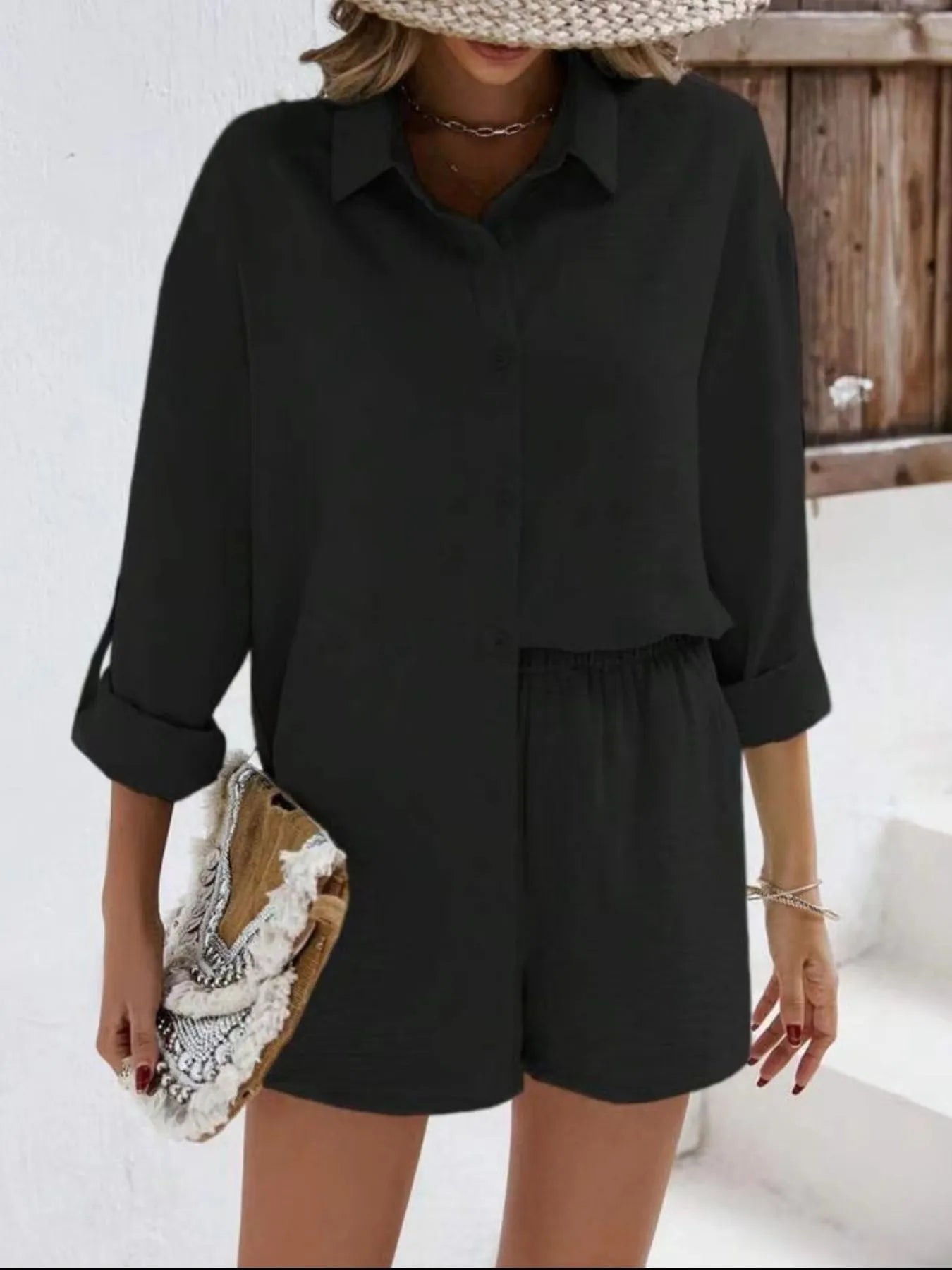Button Down Shirt and Shorts Set Black