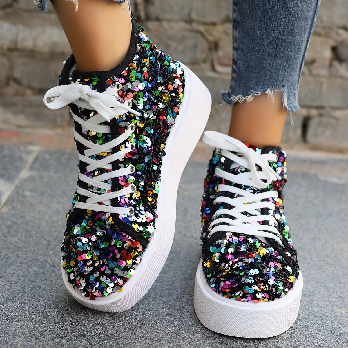 women's sequin round toe platform sneakers - detail shot