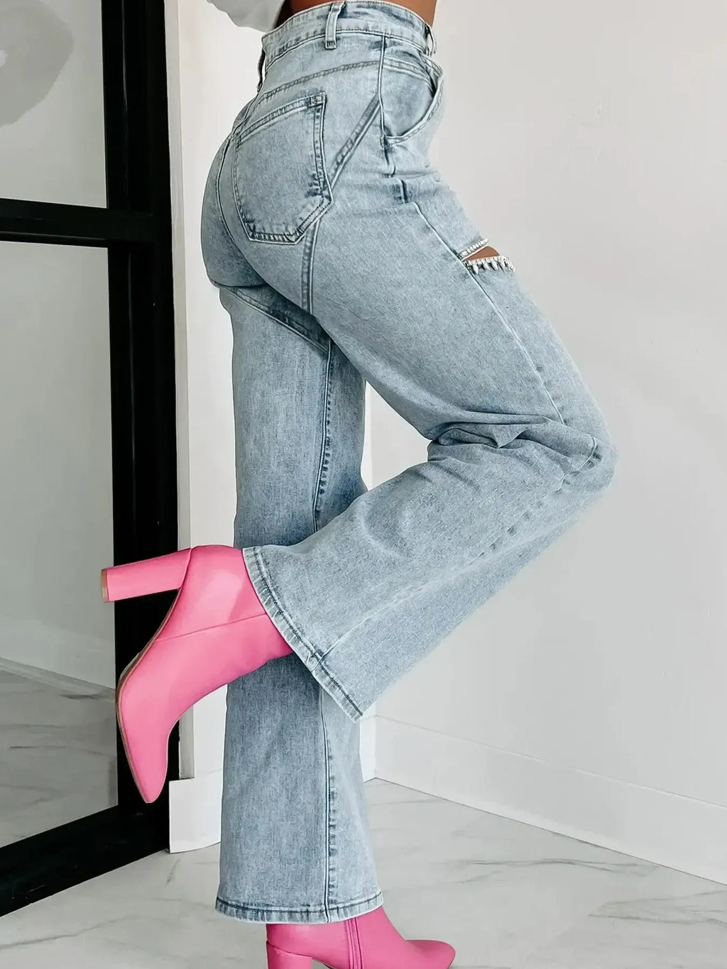 High Waist Cut-Out Wide Leg Jeans