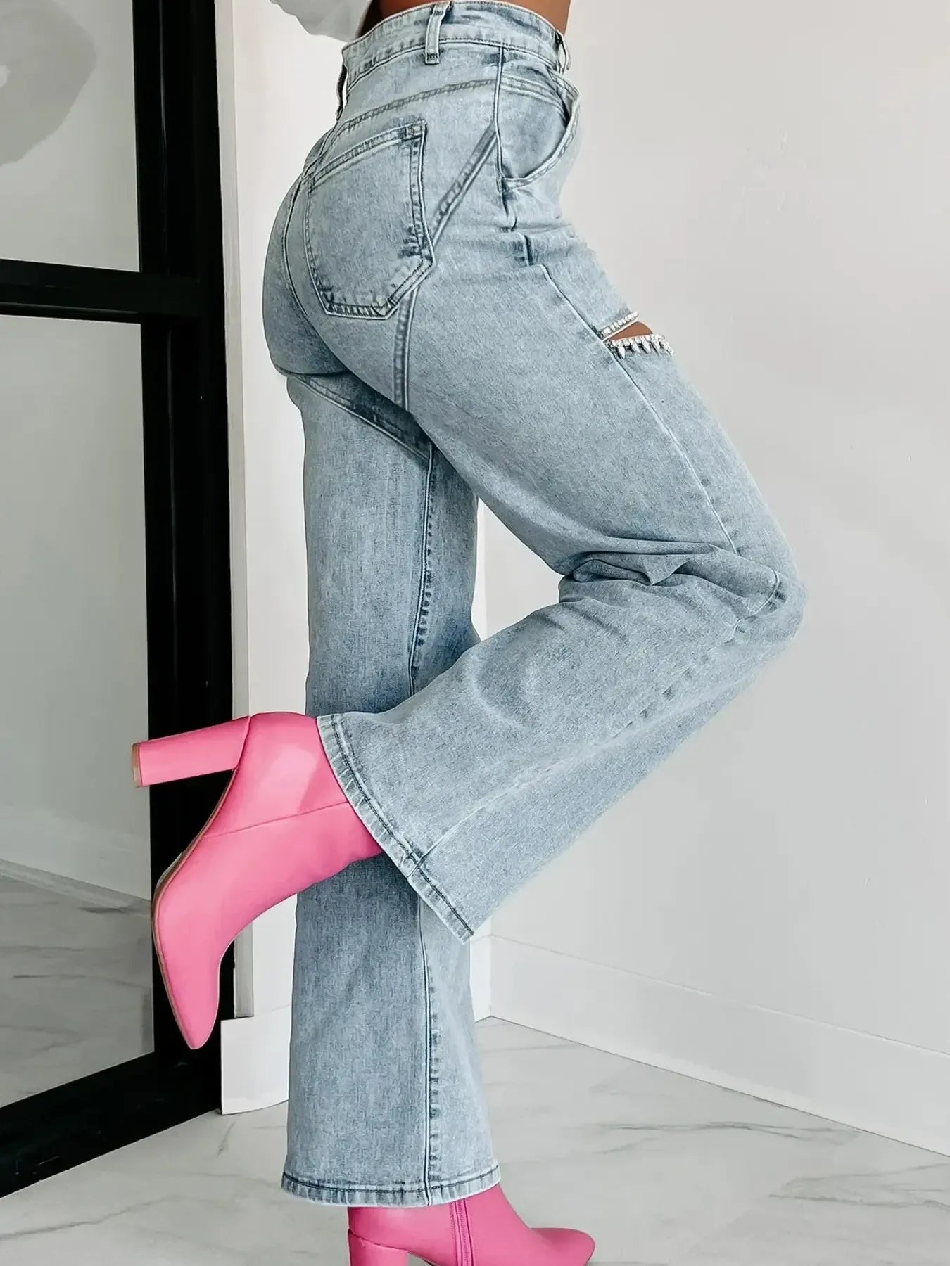 High Waist Cut-Out Wide Leg Jeans