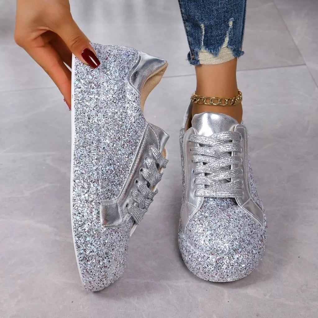 women's sparkling lace up sneakers - styling option