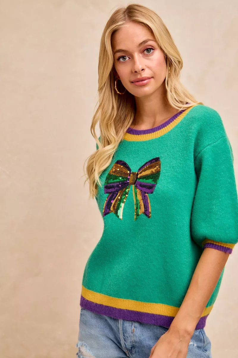 women's bibi mardi gras sequin ribbon patched sweater - styling option