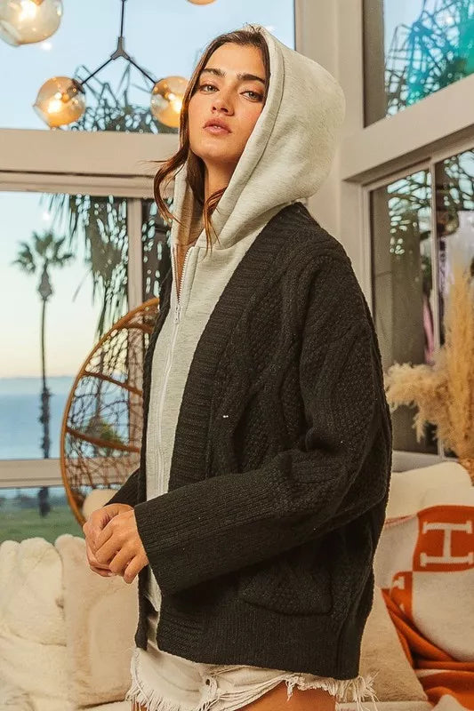 women's bibi knit hoodie rhombus sweater jacket - close-up detail