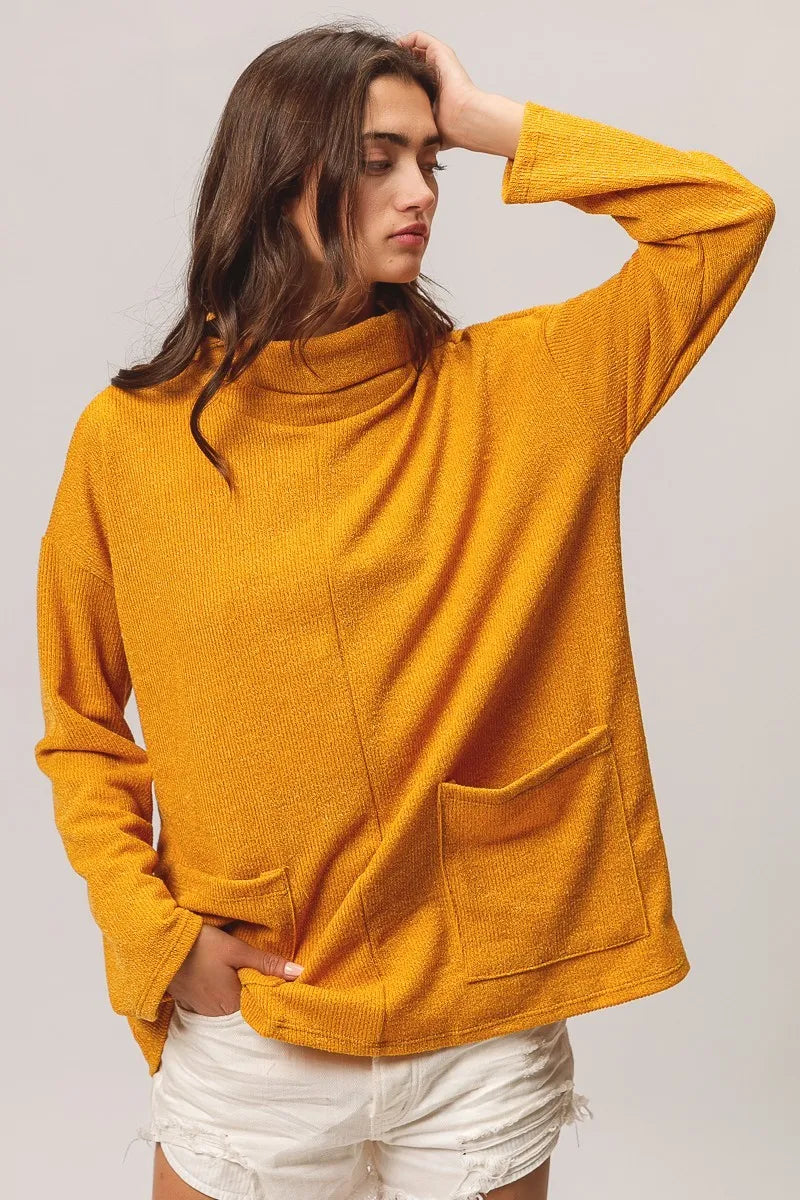 bibi piper rib double pocket turtle neck sweater shown as women’s sweater
