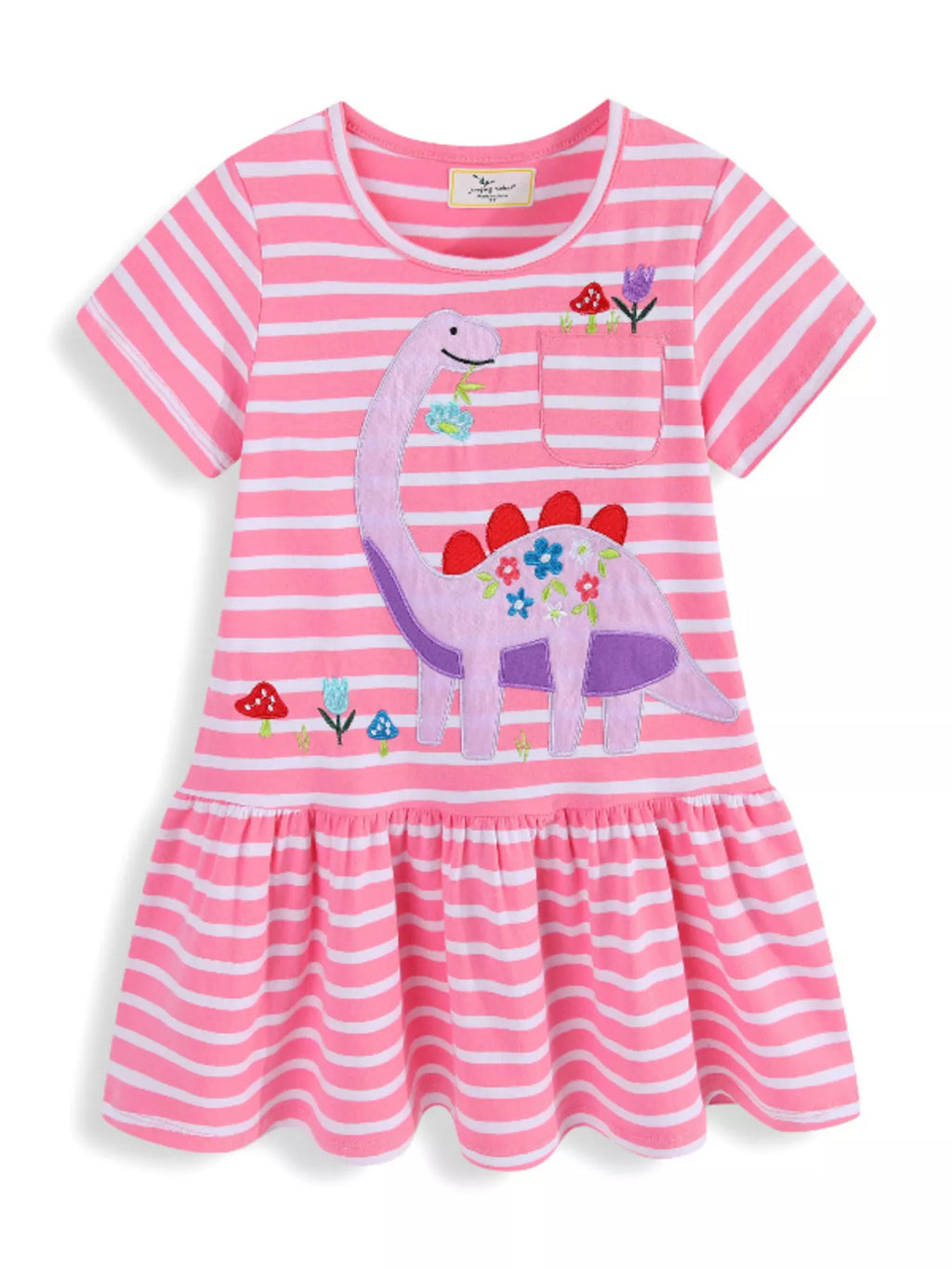 women's children's striped dinosaur embroidered casual dress - side view