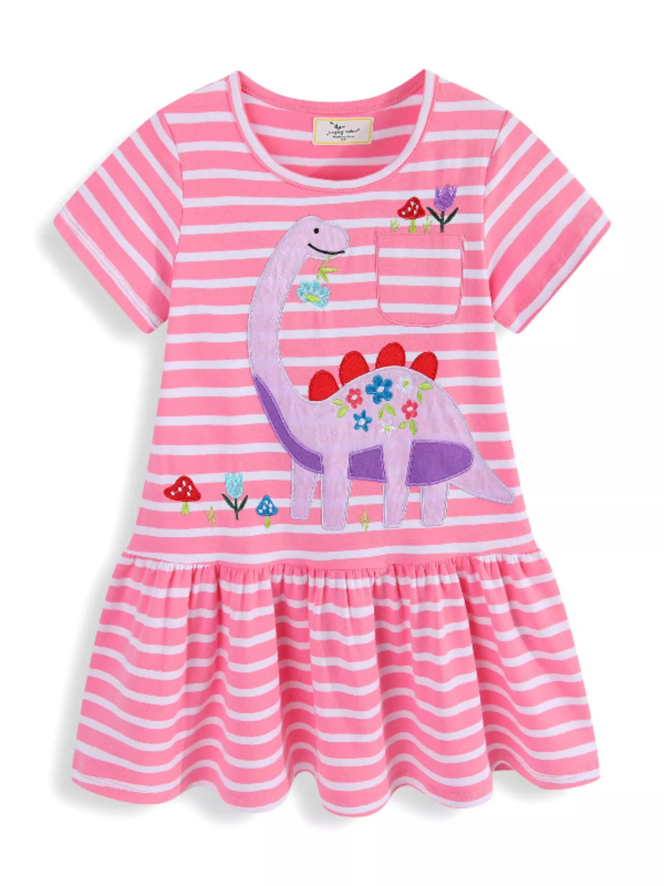 women's children's striped dinosaur embroidered casual dress - side view