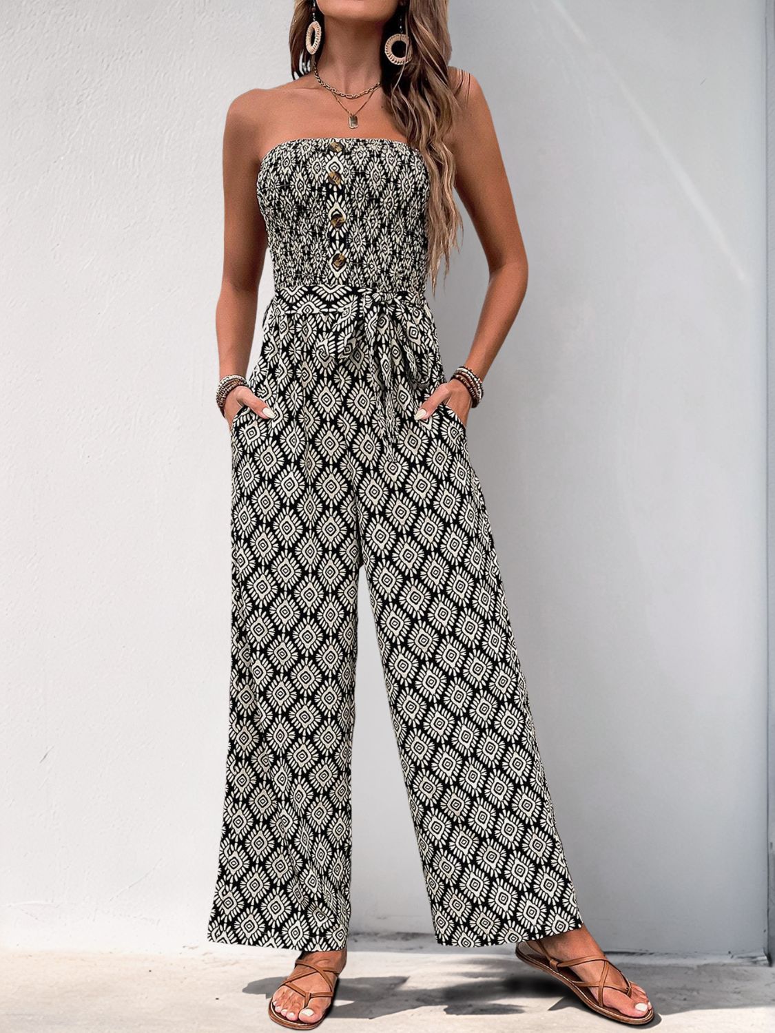 Perfee Printed Smocked Sleeveless Jumpsuit Black