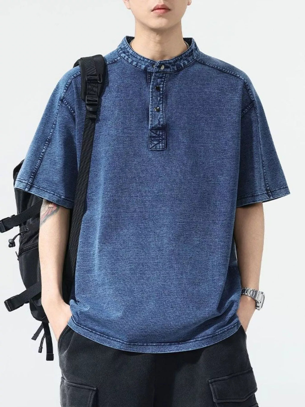 men's men's vintage wash short sleeve denim shirt - additional angle