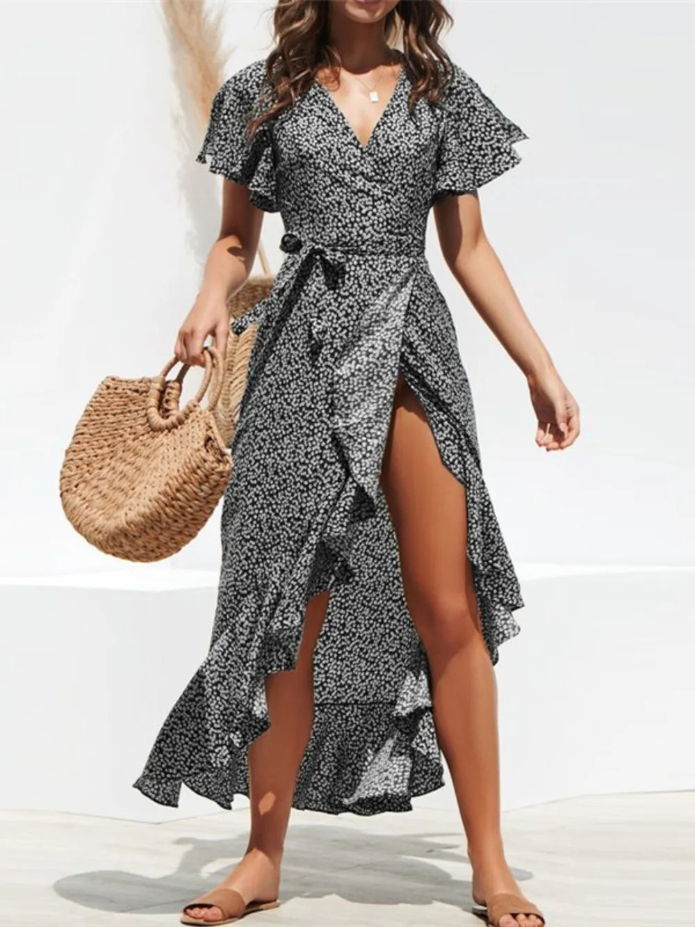 Tied Ruffled Printed Short Sleeve Midi Wrap Dress Black