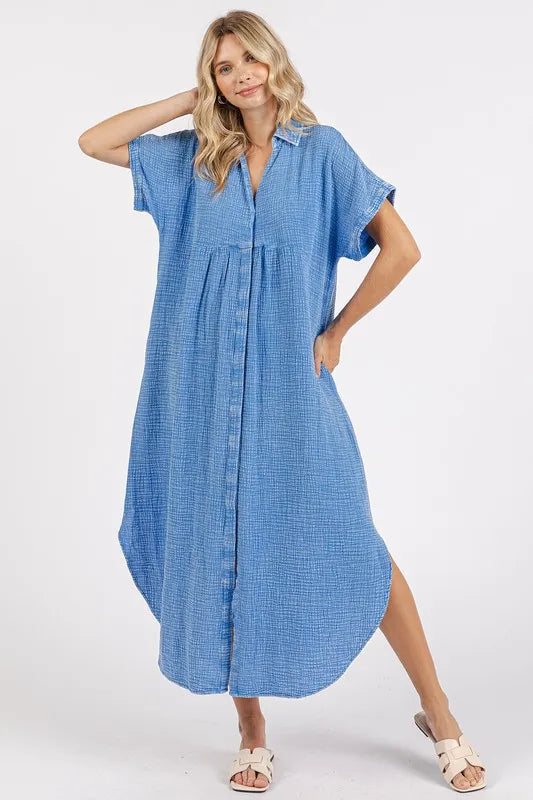 Mittoshop Mineral Wash V Neck Button Up Midi Shirt Dress