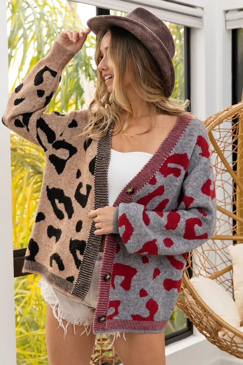 bibi leopard color block button down sweater cardigan shown as women’s cardigan