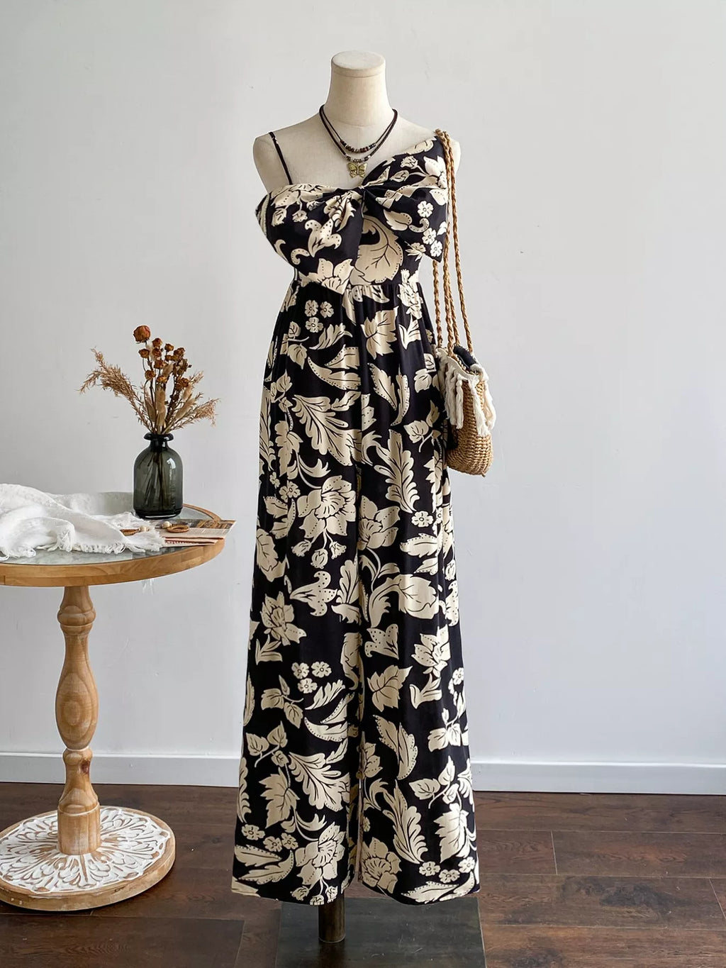 women's floral print bowknot wide leg jumpsuit - product showcase