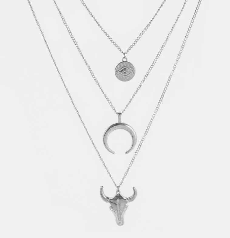 Alloy Three-Layered Bull Head Pendant Necklace Silver One Size