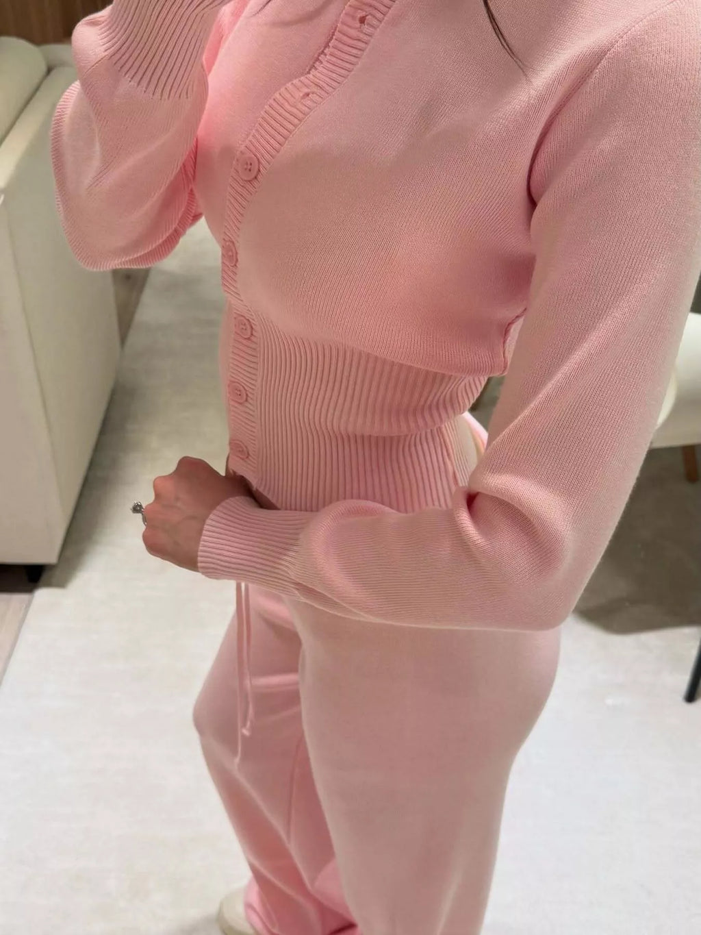 women's button up cardigan and pants knit set - product detail