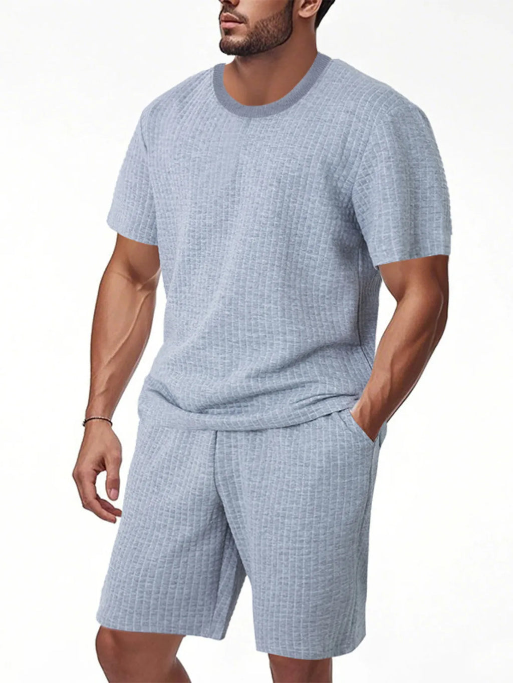 men's men's full size textured round neck top and shorts set plus size - extra view