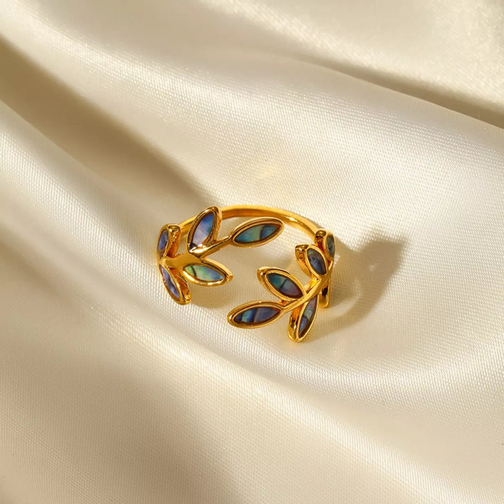 women's 18k gold-plated resin leaf bypass ring - styled view