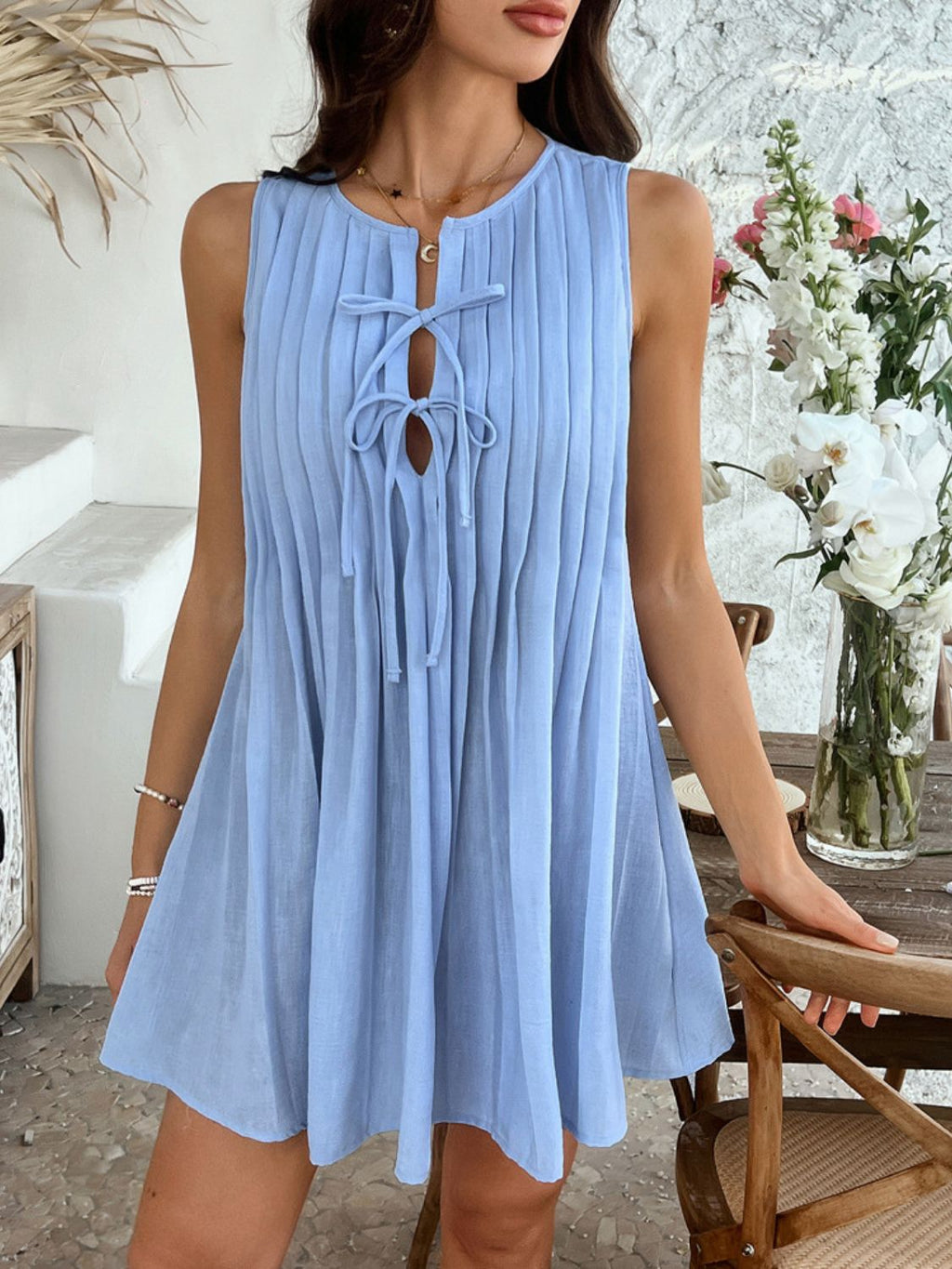 Devine Pleated Sleeveless Mini Dress Light Blue