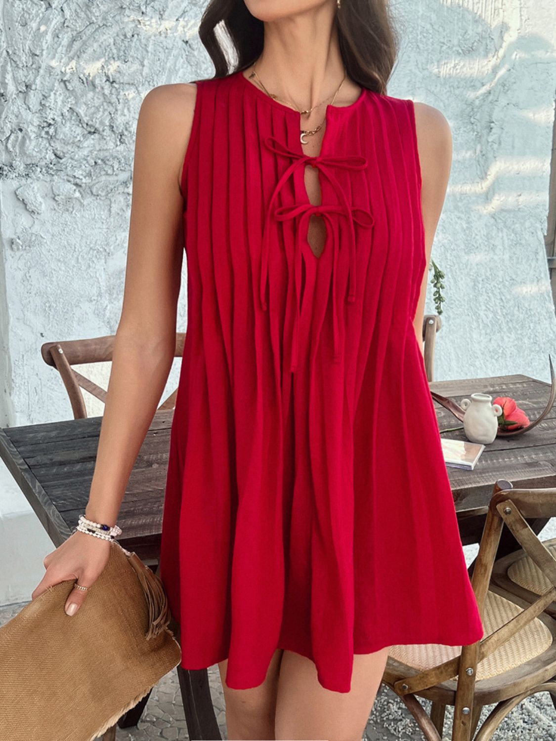 Devine Pleated Sleeveless Mini Dress Scarlet