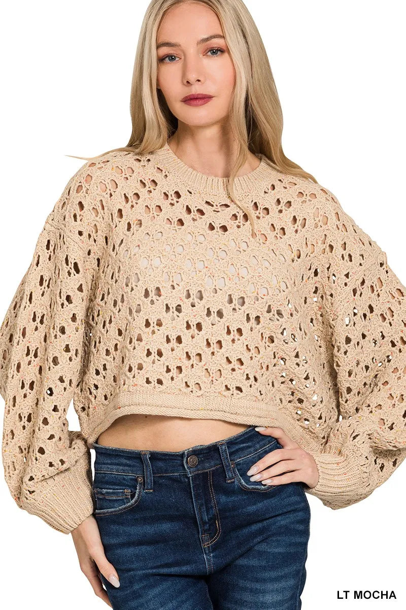 women's sweatshirt: zenana oversized cropped crochet knit sweater | shown as women’s outerwear
