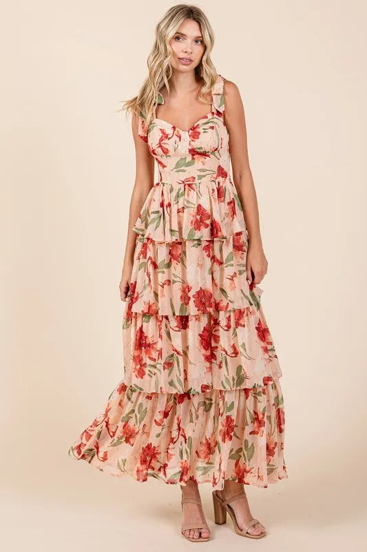 Mittoshop Layered Floral Sweetheart Neck Maxi Dress