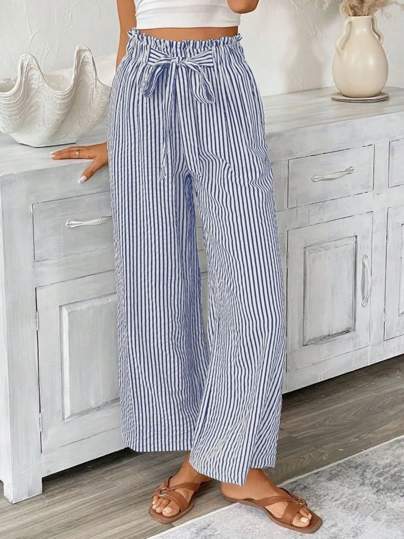 Full Size Striped Wide Leg Paper Bag Pants Plus Size Blue