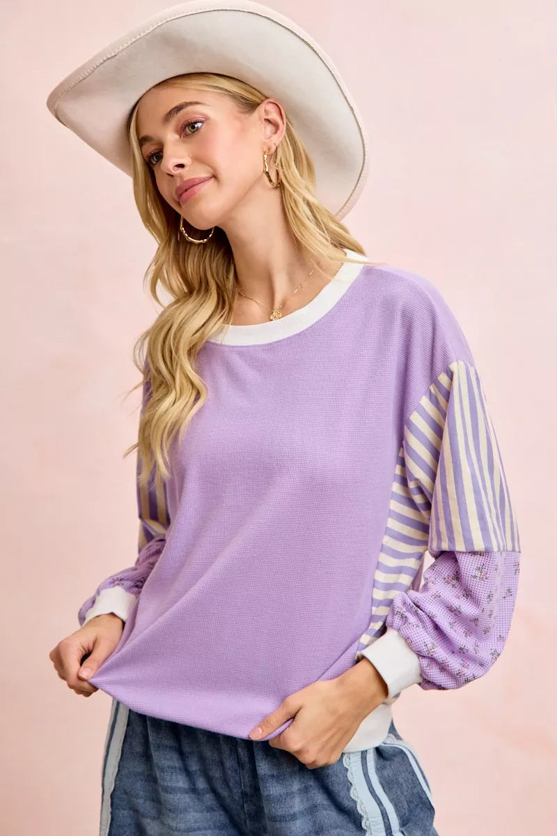women's bibi mix and match sweatshirt with floral sleeve striped - extra view