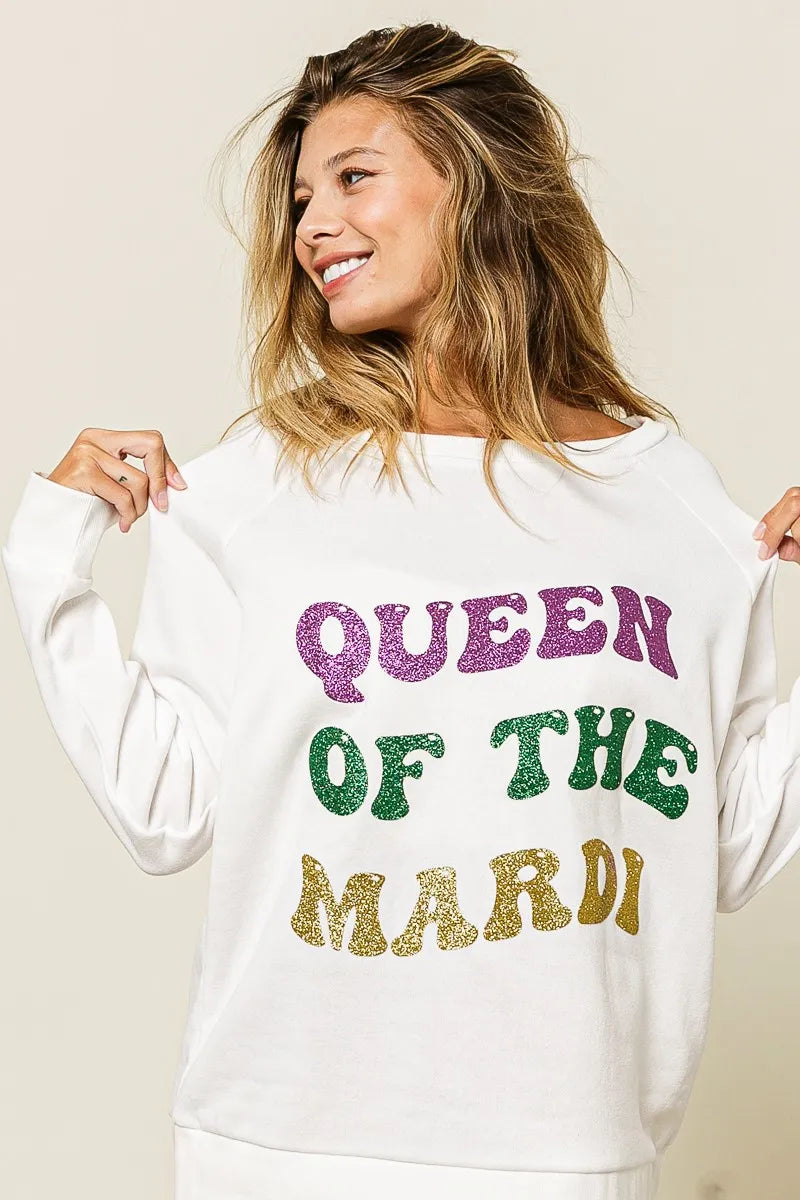 women's bibi queen of mardi glitter print mardi gras sweatshirt - extra view