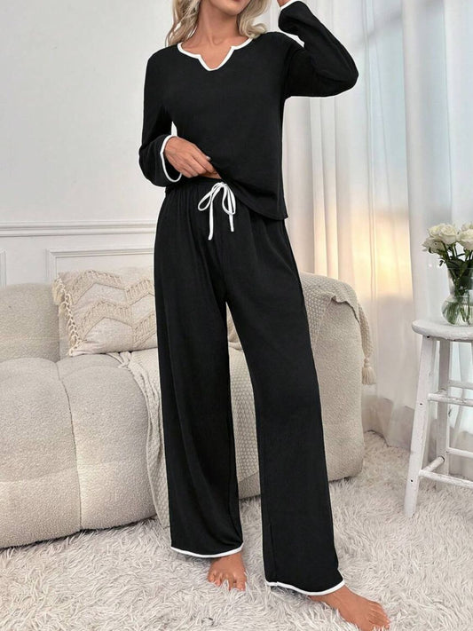 Contrast Trim Notched Long Sleeve Top and Pants Lounge Set Black