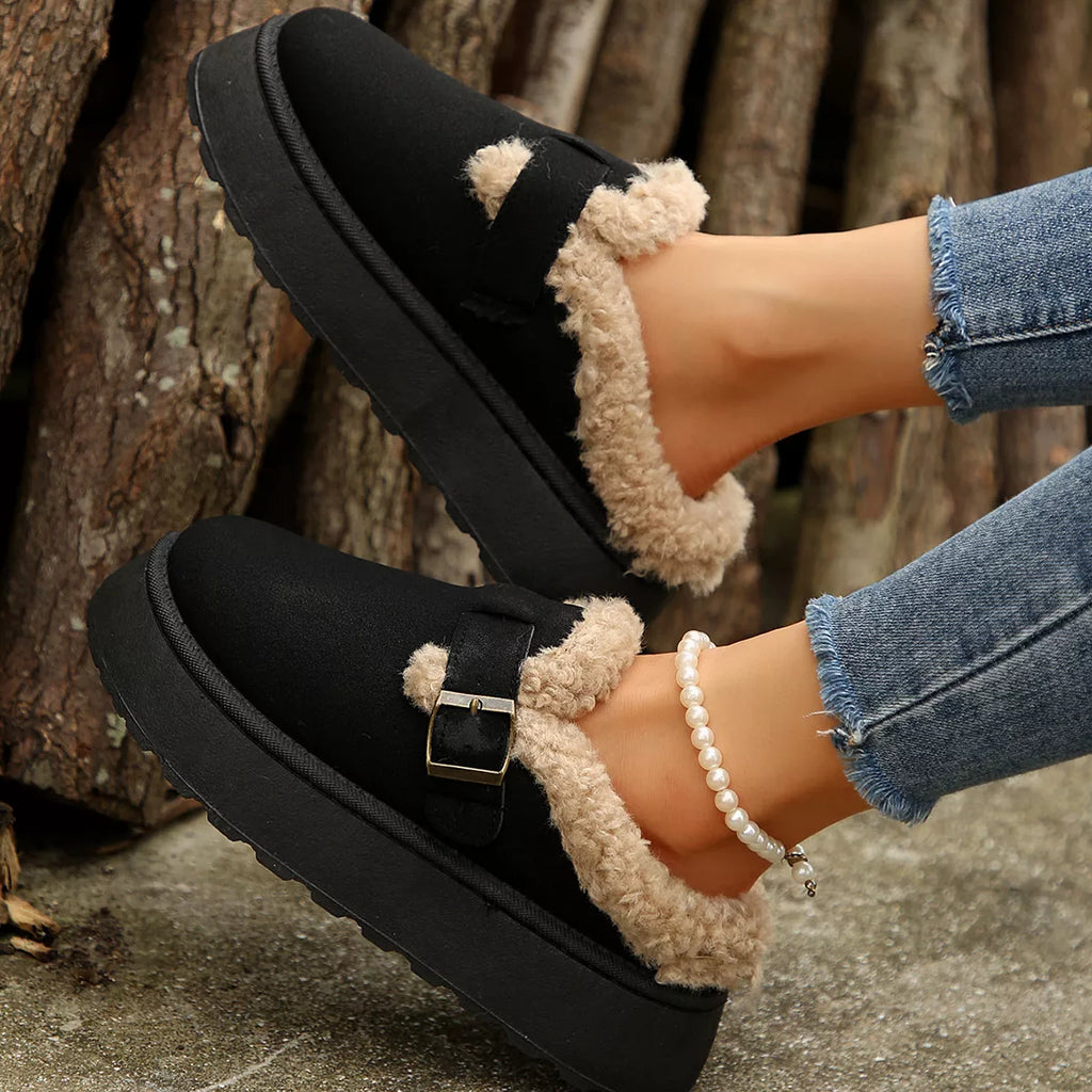women's fuzzy trim buckle platform slippers - detail shot