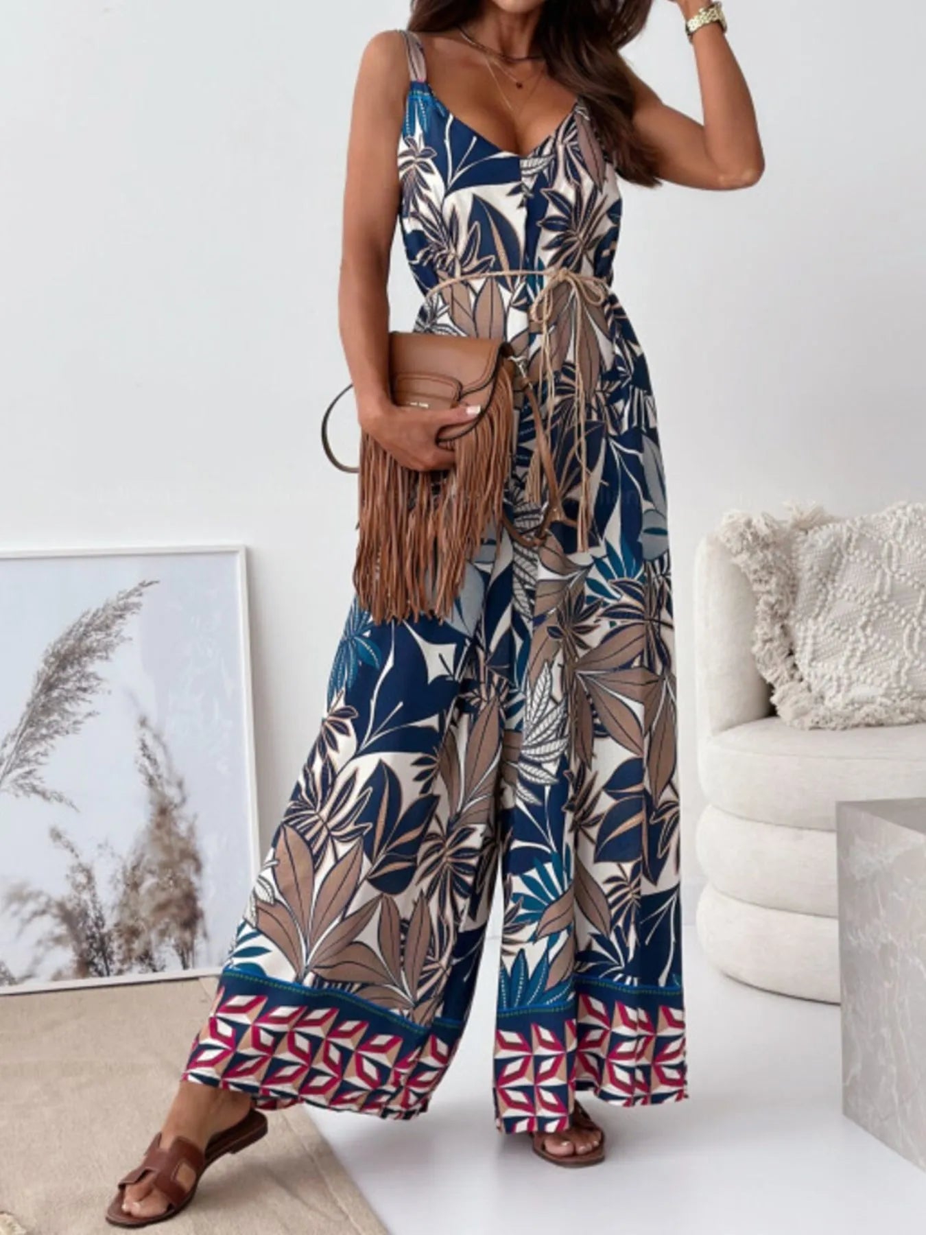 Paisley Print Spaghetti Strap Wide Leg Jumpsuit