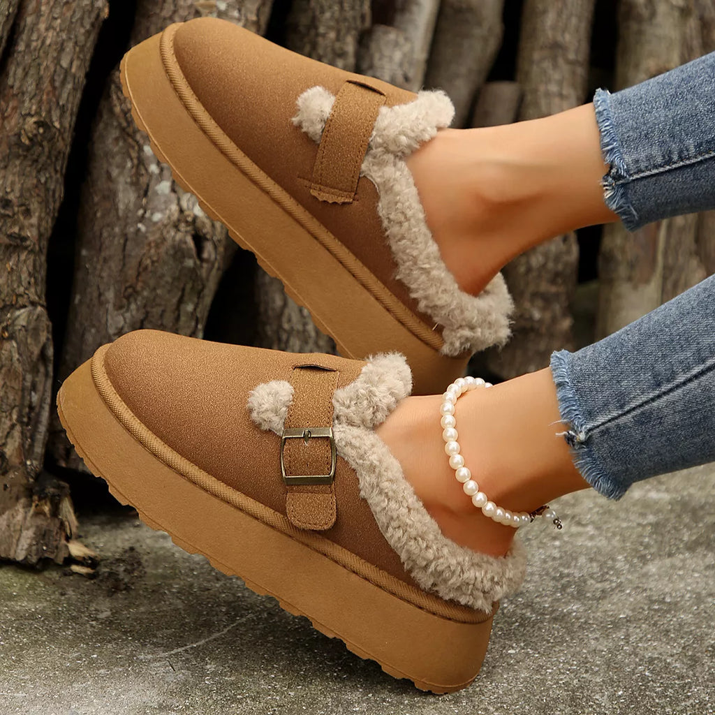 women's fuzzy trim buckle platform slippers - additional image