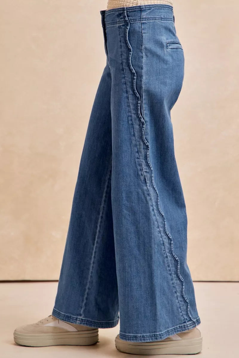 women's bibi wavy side edge detail lined wide leg jeans - back view