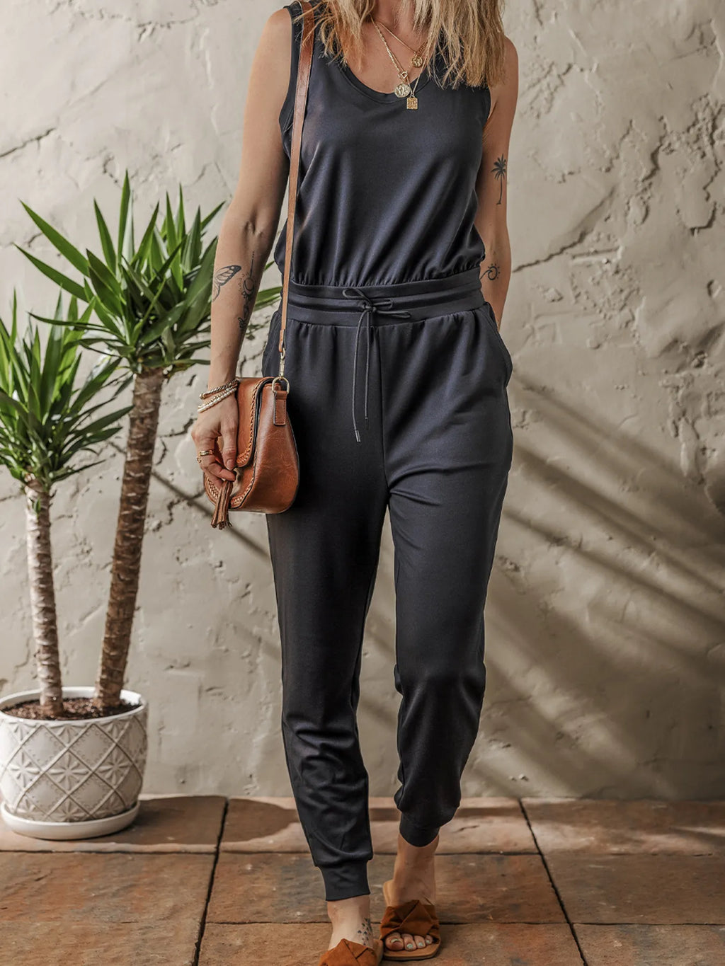 Tie Waist Sleeveless Jogger Jumpsuit Black