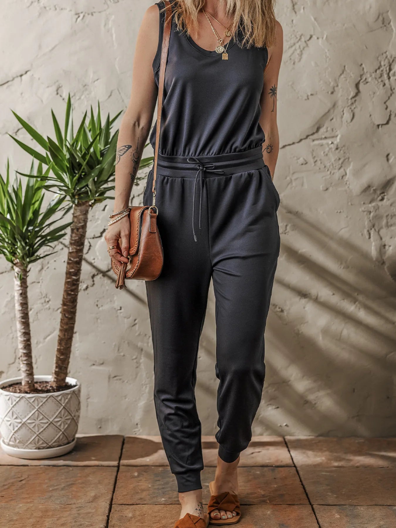Tie Waist Sleeveless Jogger Jumpsuit Black
